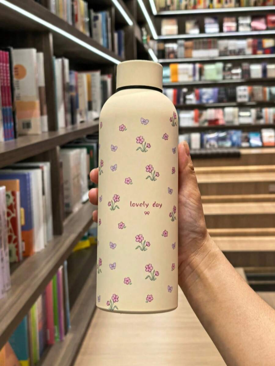 500ml/16.9oz Stainless Steel Mini Floral Pattern Mug, Portable Insulated Water Bottle With Rubber Coating, Suitable For Home And Outdoor Sports, Perfect Back To School Gift For Family And Friends - White-flowered Small Flowers - View 1