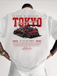 Men's Short Sleeve T Shirt,Printed With Heat-Transfer Racing Car Patterns And English Graphics,Fashionable Casual Round-Neck Top,Spring And Summer Out - 黑色 - 查看 9
