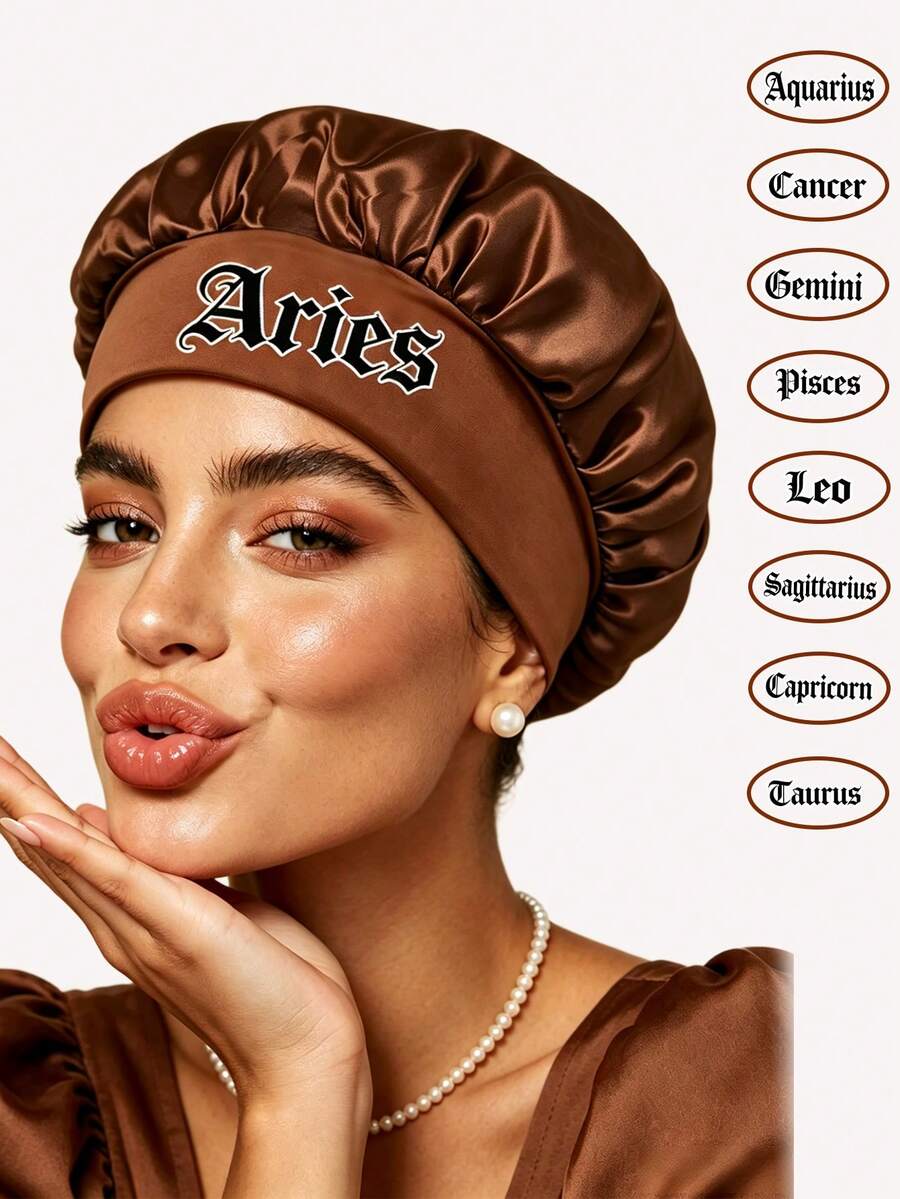 1 pièce Bonnet de nuit en satin avec imprimé des 12 signes du zodiaque, double couche avec bande élastique ample, convient aux cheveux bouclés et lisses, peut préserver les boucles pendant la nuit, convient pour les vacances à la plage et les voyages - brun - Voir 1