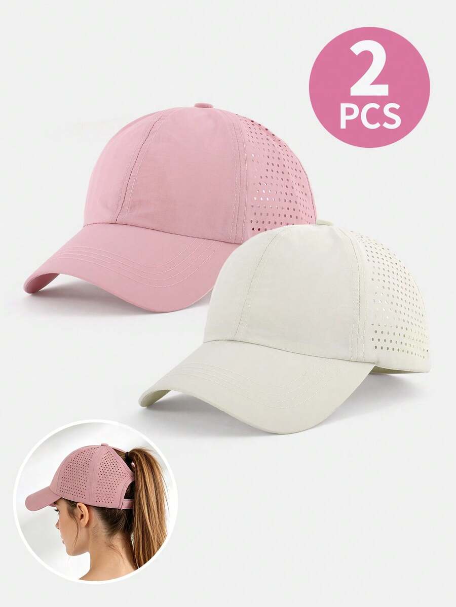2 piezas Gorras de béisbol con agujero para coleta alta, gorras deportivas de malla perforada de secado rápido, gorras ajustables con protección solar y visera de pato - 2 piezas de secado rápido y transpirables - Ver 1