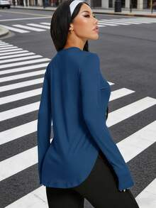 Women's Single Piece Outdoor Casual Daily Sports Style, Hem Split Long Sleeve Top Cover-Up, Simple Elastic Crew Neck Solid Color T-Shirt, Suitable For Early Spring Daily Commute, Gym Workout, Yoga Wear - Navy Blue - View 4