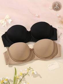 2 peças/Conjunto Sutiã Bandeau Liso Feminino, Alças Removíveis, Push-Up, Versátil e Confortável - Multicolorido - Visão 1