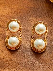 1 Pair Vintage Faux Pearl Earrings For Women, Elegant Court Style Earrings For Weddings/Banquets/Vacations,Jewelry Gift For Ramadan/Anniversaries - Wheel Pearl Earrings - View 3