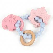 ETETOO 1pc Pink Flower Rabbit Textured Silicone Wooden Teething Ring, Baby Sensory Teether, Relieve Teething Pain - Multicolor - View 11