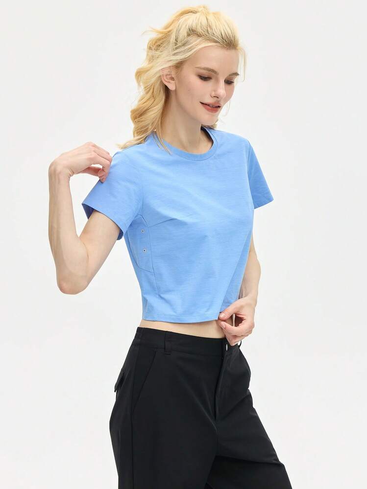 Leorrey 1pc Women's Fashion Cropped Waist Round Neck Short Hiking, Trekking, Running, Gym, Tennis, Golf Training Sports T-Shirt - Baby Blue - View 4