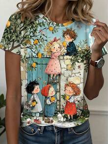 Funny Artistic Lemon Tree Cartoon Spring 3D Printed T-Shirt, Women's Casual Round Neck Short Sleeve T-Shirt Vacation Summer - Light Apricot - View 1