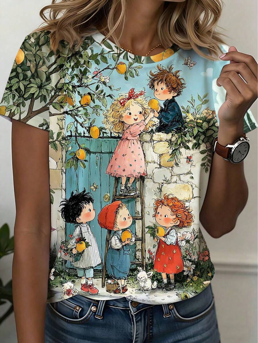 Funny Artistic Lemon Tree Cartoon Spring 3D Printed T-Shirt, Women's Casual Round Neck Short Sleeve T-Shirt Vacation Summer - Light Apricot - View 1