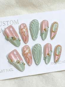 10pcs Pink Green Cat Eye Ombre Fake Nails With 3D Gold Bow, Small Flower Bead Inlay, Water Ripple Texture Press On Nails,Reusable Almond Shaped False Nails For Summer Wedding Daily Manicure - Multicolor - View 4