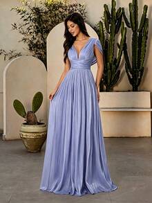 Mgiacy Women's Elegant Blue Pleated V-Neck Ruffle Waist Tie Long Dress Fall Wedding Party - Blue - View 7