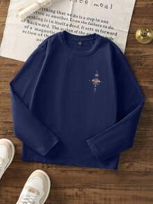 Tween Boys Long Sleeve Tee, Vintage Compass Mountain Adventure Graphic Crew Neck Soft Fall Casual Tops - Navy Blue - View 4
