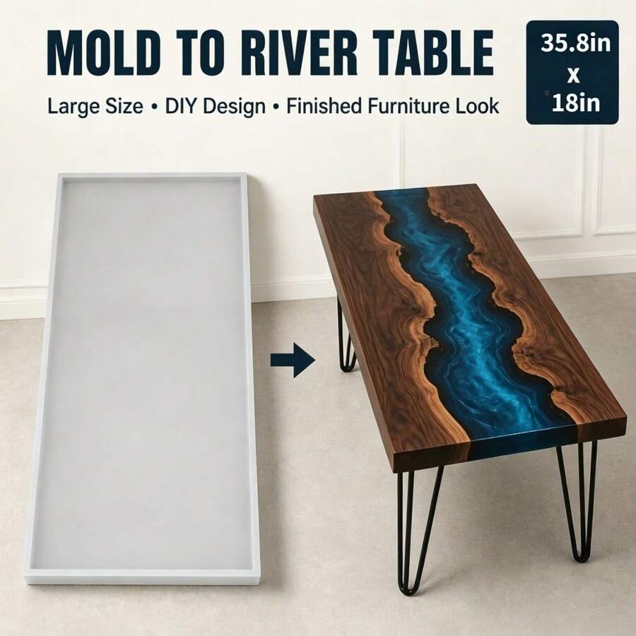 35.8 X 18英吋大型河流桌黏土與樹脂矽膠模具,深澆鑄環氧樹脂模具,適用於DIY木工、天然邊緣檯面、桌面、家居裝飾,萬聖節、感恩節、聖誕節、豐收節手工藝用品 - 90cm模具 - 查看 1