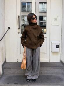 Women's New Solid Color Vintage Double-Breasted High Collar Coat, Autumn/Winter Commuter Jacket Fall - Chocolate Brown - View 2