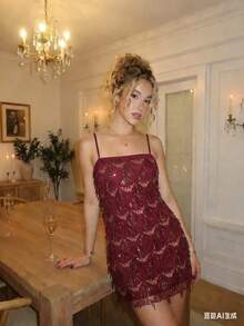 Glam Sequin Fringe Cami Mini Dress Women Bodycon Party Stage Performance Dress - Burgundy - View 3