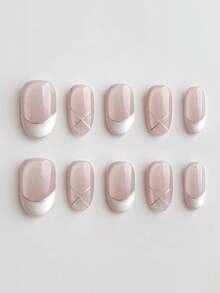 10pcs Pure Handmade Oval Press On Nails, Minimalist Elegant Style, Nude Sheer Base, White French Tip & Silver Metallic Cross Line Decorative Patterns For Women And Girls, Spring Summer Fall Winter Festivals Party And Daily Life Use - White - View 1