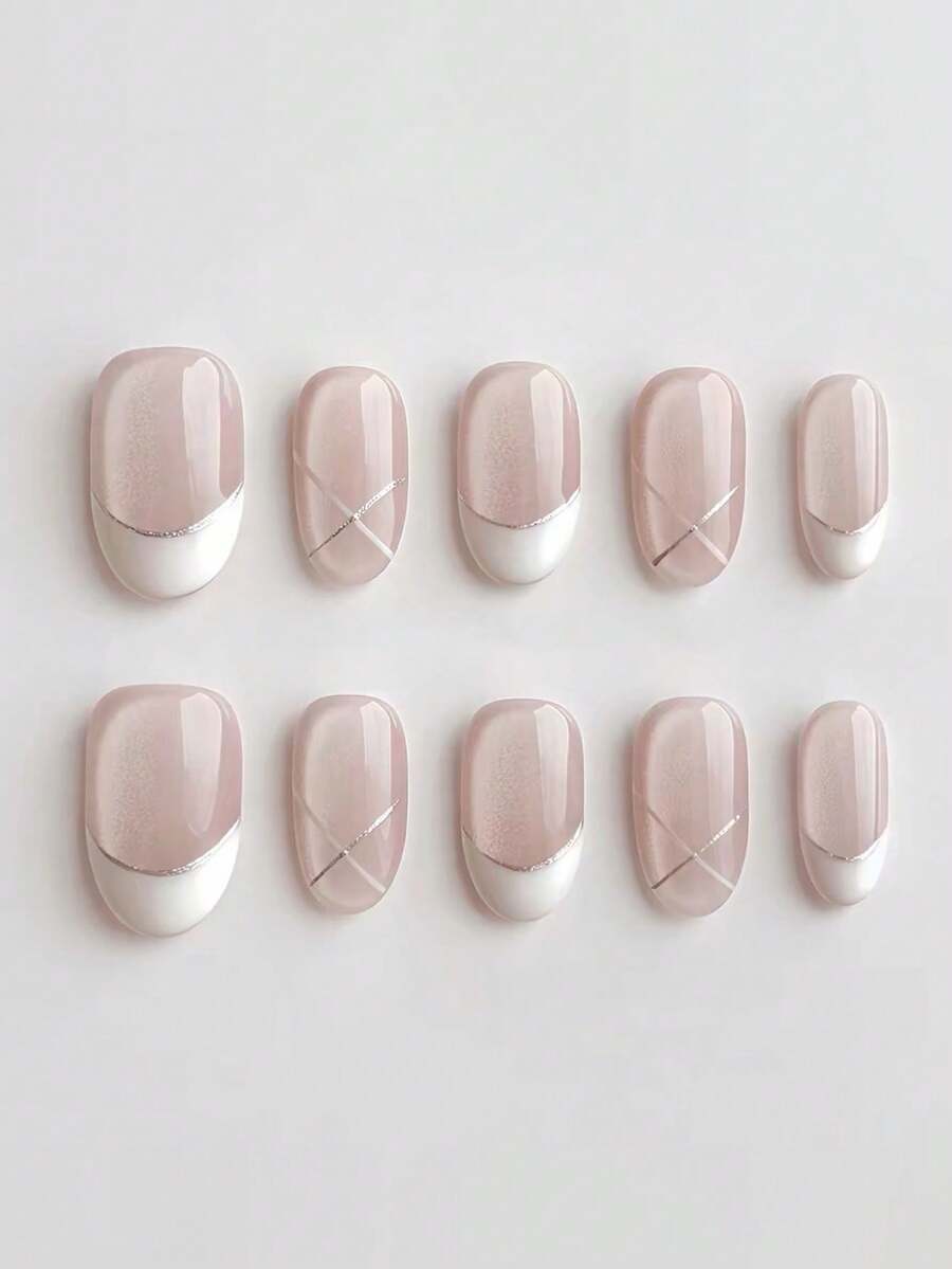 10pcs Pure Handmade Oval Press On Nails, Minimalist Elegant Style, Nude Sheer Base, White French Tip & Silver Metallic Cross Line Decorative Patterns For Women And Girls, Spring Summer Fall Winter Festivals Party And Daily Life Use - White - View 1