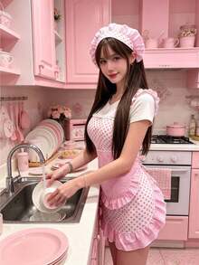 1Set Princess Wave Point Apron Chef Hat Set, Suite As Christmas,Saudi Arabia National Day Baking Set .Easy Clean Cooking Apron, Pink Cute Baking Apron, Perfect Festival/Valentine's Day Gift - Pink - View 1
