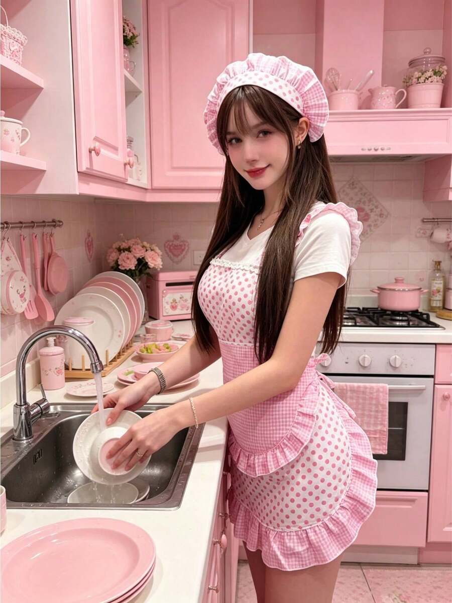 1Set Princess Wave Point Apron Chef Hat Set, Suite As Christmas,Saudi Arabia National Day Baking Set .Easy Clean Cooking Apron, Pink Cute Baking Apron, Perfect Festival/Valentine's Day Gift - Pink - View 1