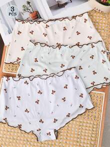 3pcs/Pack Women's Comfortable Soft Knitted Fabric Cute Print Frill Trim Mid-Waist Hipster Panties - Multicolor - View 2