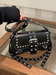Solid Black Studded  Style Shoulder Bag, Front Buckle Flap Design Detachable Rivet Strap Fashion Night Out Bag - Black - View 4
