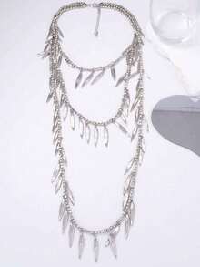 1pc Vintage Bohemian Multi-Layer Leaf Tassel Long Necklace, Made Of Antique Silver Metal Material, Suitable For Women To Wear, Perfect For Festival Occasions, A Highly Personalized Long Necklace, Suitable For Women, Very Suitable For Beach Vacation, Daily Travel Wear, Beach Accessories, Women's Summer Accessories, Summer Jewelry, Back To School Season Gift - Multicolor - View 3