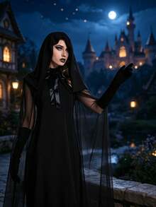 3-Piece Women's Gothic Witch Cosplay Costume - Dark Witch Long Dress With Cloak And Gloves, Full Body Performance Outfit For Theme Parties, Stage Costume, Machine Washable Solid Color,Halloween - Multicolor - View 3
