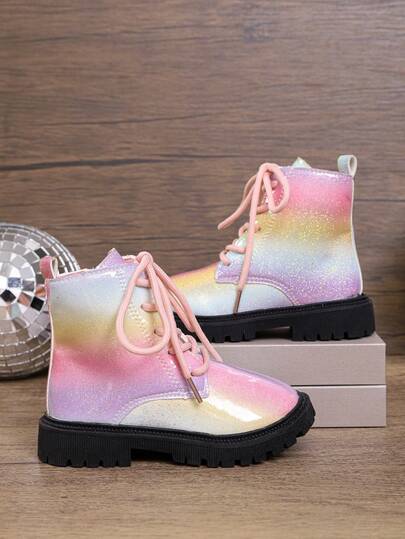 Girls Rainbow Glitter Gradient Ankle Booties Round Toe Pink Lace Up Side Zipper Thick Platform Short Boots For Birthday Party Holiday Princess Daily