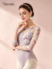 DonsGirl 1pc Women's 3/4 Sleeve Floral Mesh Patchwork Ballet Leotard, Boat Neck Deep V Back Slim Fit Jumpsuit, Suitable For Ballet Class, Rhythmic Gymnastics And Stage Performance - 淺灰紫 - 查看 7