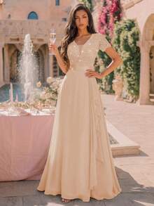 MIUSOL Vestido Longo Formal de Festa com Decote V Profundo, Lantejoulas, Renda, Babados e Chiffon, Vestido de Noite Formal para Casamento no Outono - Champanhe - Visão 3