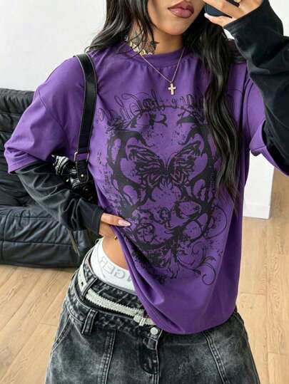 2026 New Women's 100% Cotton "Butterfly Grunge" Retro Graphic Print T-Shirt  Y2K Goth Short Sleeve Casual Teesoft