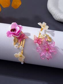 1件小眾設計花卉手臂飾品 粉色漸層樹脂花朵開口手鐲 度假配件 - 粉色 - 查看 3