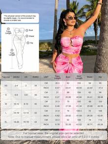 AIJ Amarilo 女款數位印花兩件套 夏季/秋季 - 無肩帶修身上衣配金屬扣與抓皺腰裙，適合度假/海灘休閒/假日場合，輕量透氣面料，隨機花卉圖案 - 粉底玫紅花 - 查看 2