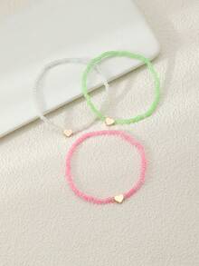 NAIZHU 3pcs Fashionable Teen Heart Multi-Layer Beaded Anklet Set, Daily & Vacation Accessory - Multicolor - View 4