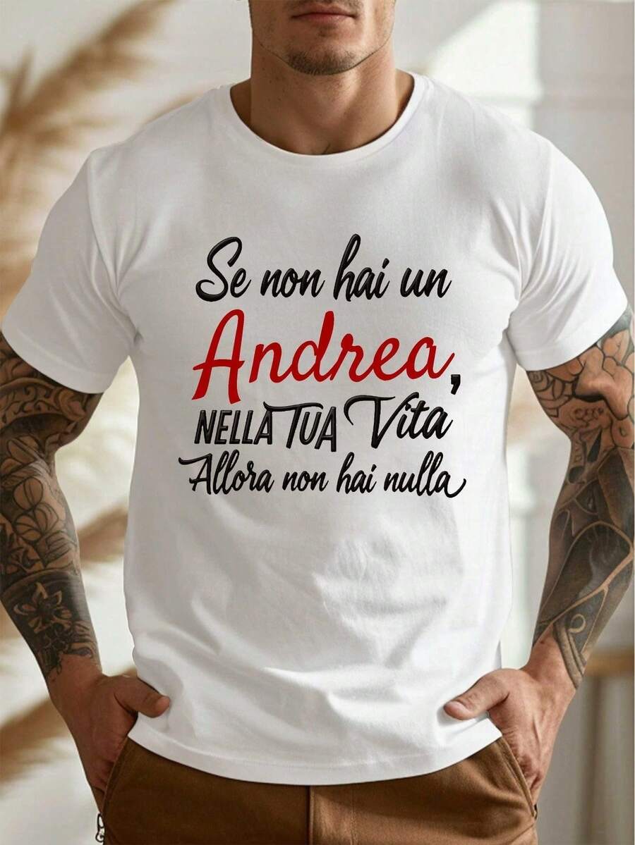 Concierto de - Camisa de verano para hombre con texto en italiano y el nombre Andrea impreso en ella | Camisa minimalista de verano en negro-rojo-blanco con escritura italiana, - Blanco - Ver 1
