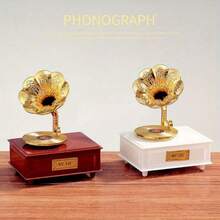 Vintage Gramophone Style Decorative Ornament, Solid Wood Base With Carved Metal Horn, Retro Record Player Design, Exquisite Craftsmanship, Suitable For Living Room, Study, Desktop Decor, Combining Atmospheric Display And Nostalgia - Multicolor - View 5