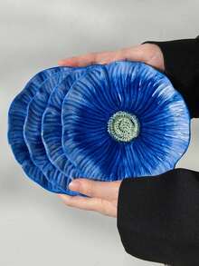 Cabin Kangaroo Blue Poppy Ceramic Plate, Hand-Painted Embossed Floral Dessert Plate, 6-Inch Aesthetic Snack Plate, Suitable For Appetizers, Snacks, Home Kitchen Tableware Decor, Housewarming Gift - Multicolor - View 1