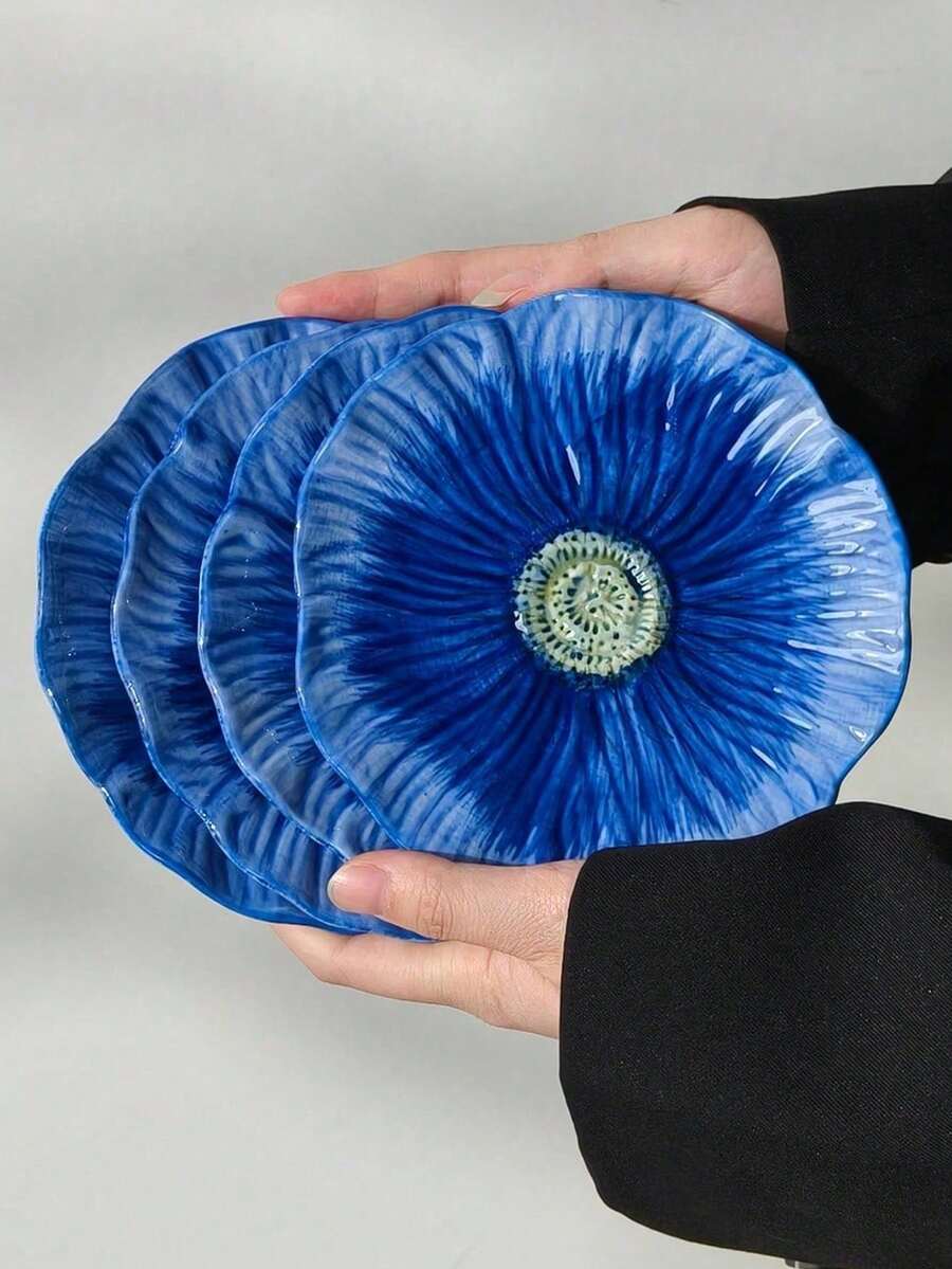 Cabin Kangaroo Blue Poppy Ceramic Plate, Hand-Painted Embossed Floral Dessert Plate, 6-Inch Aesthetic Snack Plate, Suitable For Appetizers, Snacks, Home Kitchen Tableware Decor, Housewarming Gift - Multicolor - View 1