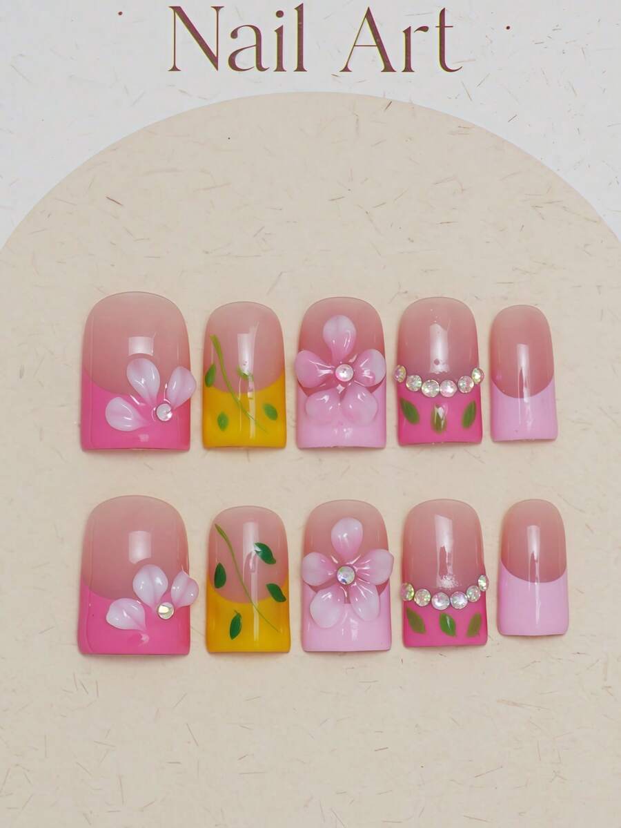 10片手工方形穿戴式假指甲 DIY 壓克力短款粉色法式美甲 3D花卉葉片美甲貼片 鑲鑽裝飾 夏季 DIY 指甲貼，適合派對、日常、約會、度假穿搭，女性女孩禮物美甲用品 - 彩色 - 查看 1