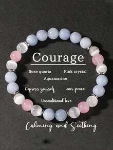 YAUKIA Elegant Women'S Courage Aquamarine Bracelet , Strawberry Quartz , Dainty Bracelet , Communication , Courage And Joy , Yoga Meditation Jewelry Gift - Multicolor - View 2