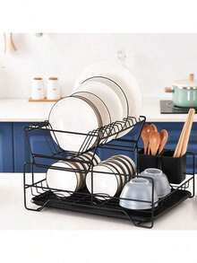 Double-Layer Dish Rack, Kitchen Countertop Dish Organizer, With Drip Tray And Chopstick Holder, Large Capacity, A Must-Have For Home Kitchen Organization, Black Rust-Proof Version. - 43.5x33x26.5cm - View 3