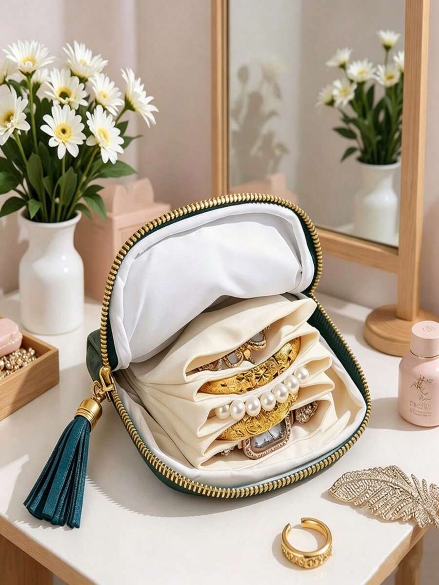 1pc Portable Travel Jewelry Storage Bag With Tassel Zipper, Premium Quality Portable Jewelry Box, Multi-Layer Storage For Crystal Bracelets And Bangles, Fashionable Velvet Jewelry Bag, Portable Zipper Jewelry Box - Multicolor - View 1