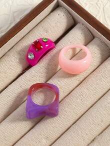 1 Set de 3 Anillos Elegantes Minimalistas de Moda con Paleta de Colores Dopamina Incrustados con Strass, Adecuados para el Uso Diario y Fiestas de Mujeres - Multicolor - Ver 6