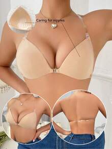 1pc Women's Invisible Transparent Strapless Front-Clasp Deep V Padded Silicone Push-Up Bra, Lingerie Accessory, Suitable For Summer Matching With Dresses, Jumpsuits, Wedding Dresses - Apricot - View 10