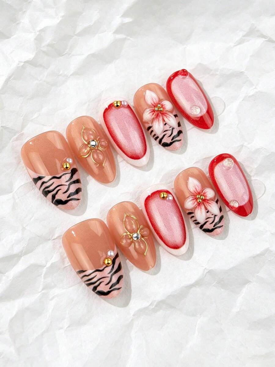 10Pcs Short Almond Press On Nails Nude Pink Base Zebra Stripe & Hand Painted Floral Design With Metal Rhinestone Charms Sweet Y2K Reusable False Nails For Daily Wear - Multicolor - View 1