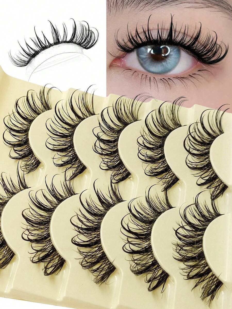 Sibeuna 5 Pairs Curling Wet Look Messy False Eyelashes Natural Look Manga Eyelash Clear Band Enlarged Eye False Eyelashes , Suitable For Beginner Makeup - Black - View 1