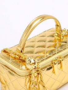 Metallic Quilted Vanity Purse, Gold Chain Luxury Designer Bags, Wallet, Party Date Night Out Bag, Purses Women, Chic Love, Halloween FKC9 - Gold - View 2