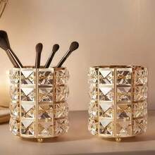 1pc Crystal Diamond Pattern Makeup Brush Holder, Silver Metal Desktop Organizer, Elegant Cosmetic Storage Cup, Suitable For Vanity And Dressing Table - Storage - View 1