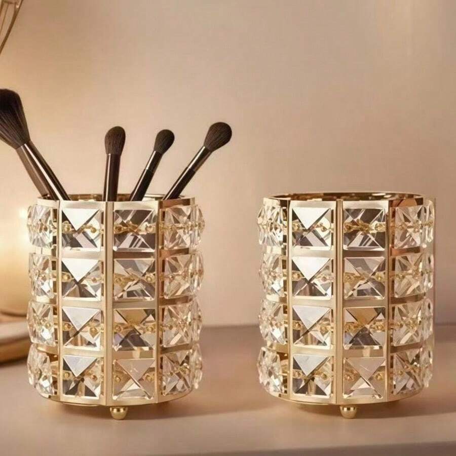 1pc Crystal Diamond Pattern Makeup Brush Holder, Silver Metal Desktop Organizer, Elegant Cosmetic Storage Cup, Suitable For Vanity And Dressing Table - Storage - View 1