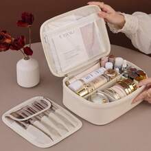 Portable Large Capacity Makeup Bag With Makeup Brush Storage, Waterproof PU Leather Travel Cosmetic Organizer Handheld Toiletry Bag For Women - Multicolor - View 5