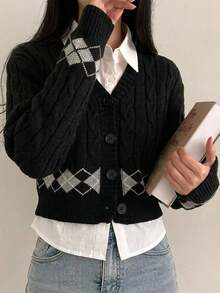 Japanese Academy Style Cable Knit Argyle Lazy V-Neck Cardigan - Black - View 4