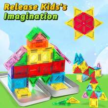 Magnetic Tile Mini Travel Set, Montessori Kindergarten Educational Sensory Toy, Suitable As Birthday Gift For Children 3 Years And Above - 彩色 - 查看 8